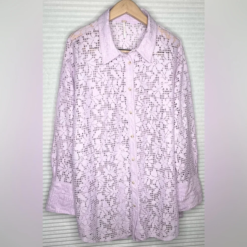FREE PEOPLE in your dreams lace button down lavender XL oversized lace bohemian